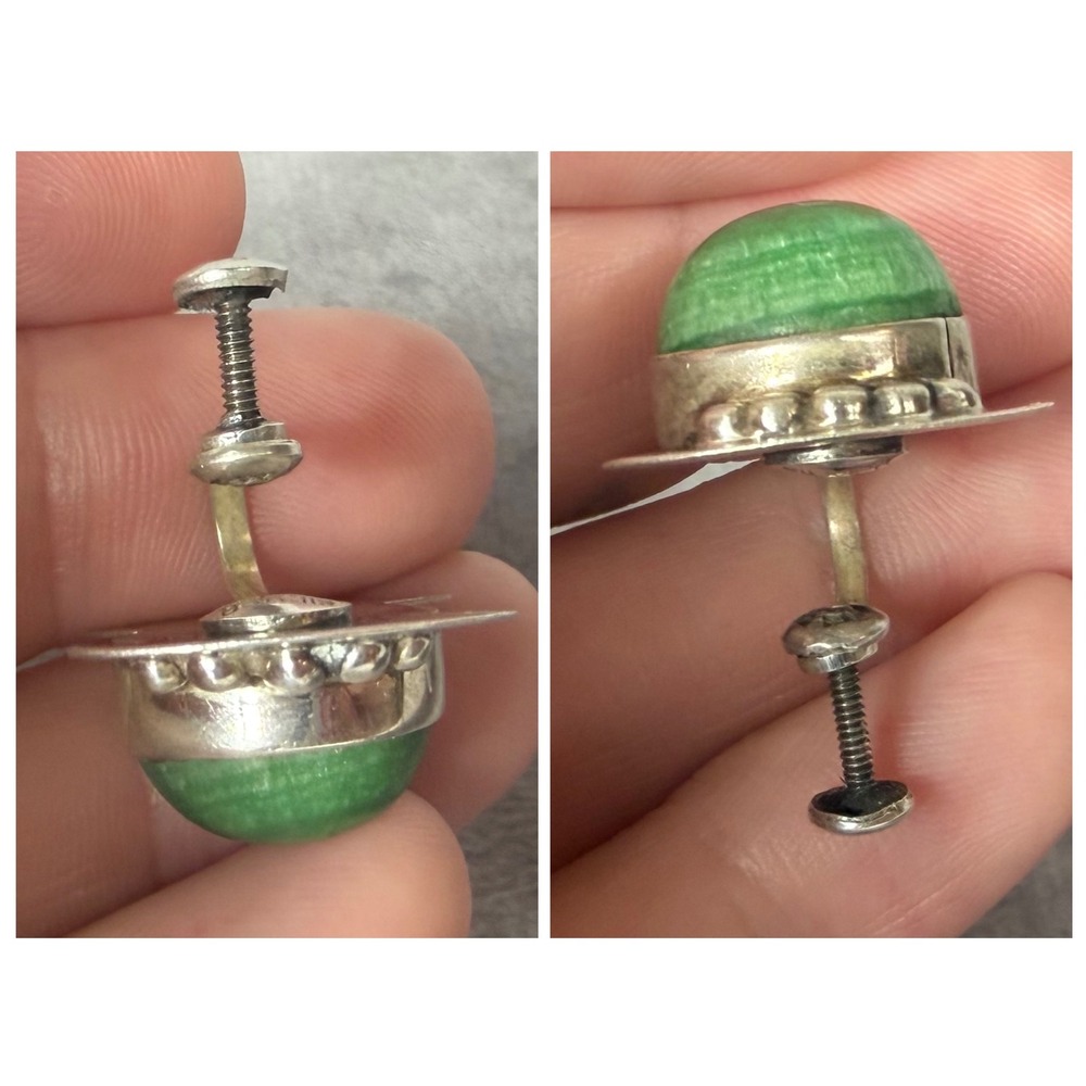 Vtg Mexico Silver Green Stone Cabochon Screw Back Earrings Mid Century Deco 11g - Picture 5 of 11